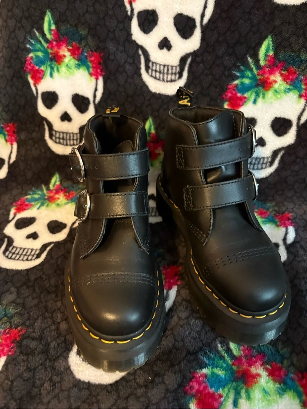 Dr. Martens Devon Black Leather Platform Double Buckle Boots Women’s US 6